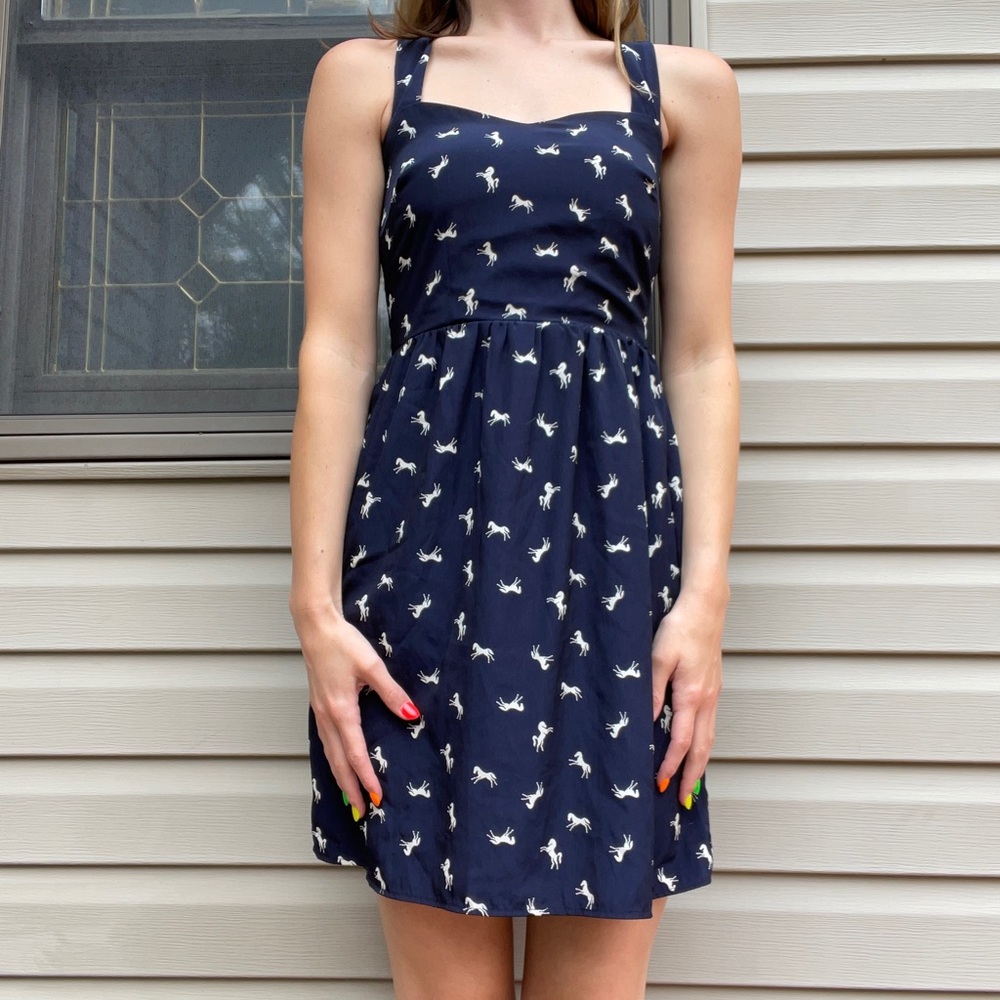 navy and white vintage style horse dress
